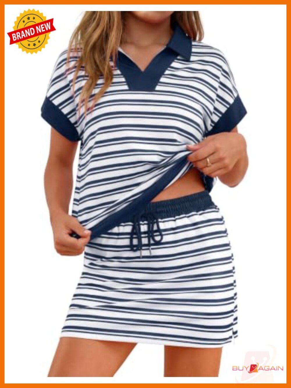 Striped 2 Piece Skirt Set V-Neck Short Sleeve Skort Lounge Workout Set